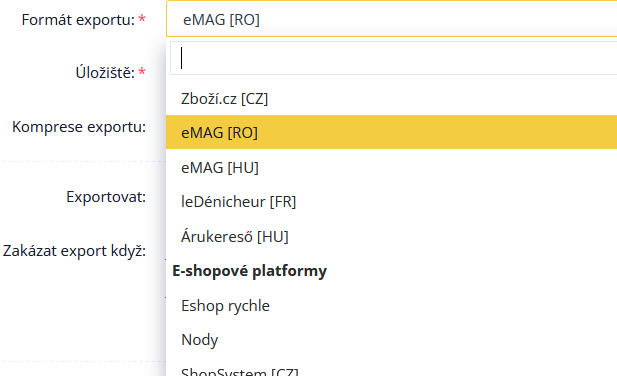 Výběr formátu exportu v Conviu s vybranou možností eMAG [RO] mezi zbožovými platformami