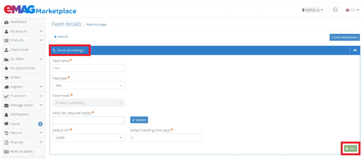 Sekce General settings detailu feedu na eMAG Marketplace s poli pro název, typ a URL feedu