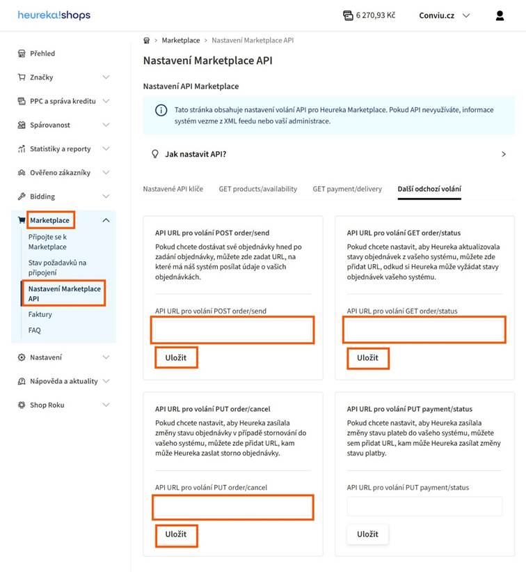 Nastavení Marketplace API v administraci heureka!shops s poli pro API URL volání order/send, order/status a order/cancel.