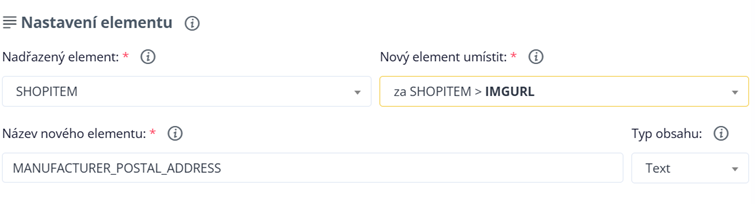 Nastavení nového elementu MANUFACTURER_POSTAL_ADDRESS v Conviu umístěného za SHOPITEM > IMGURL s typem obsahu Text.