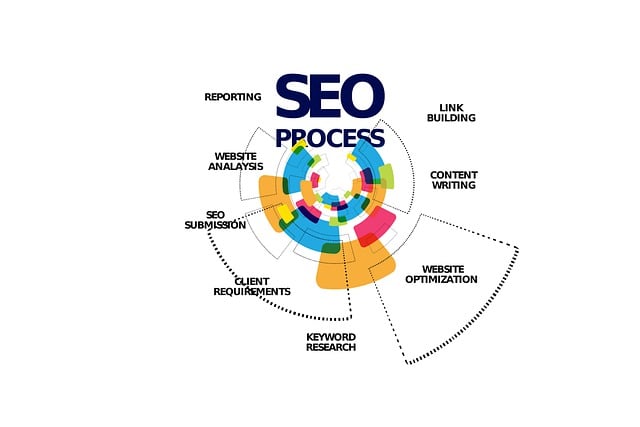 Schéma SEO procesu s fázemi reporting, analýza webu, link building, tvorba obsahu, výzkum klíčových slov a optimalizace.