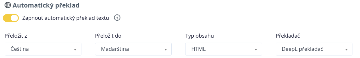 Nastavení automatického překladu textu v Conviu z češtiny do maďarštiny v HTML pomocí DeepL překladače.