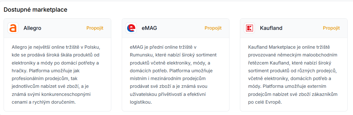 Přehled dostupných marketplaců v Conviu pro expanzi do zahraničí: Allegro, eMAG a Kaufland s tlačítkem Propojit.