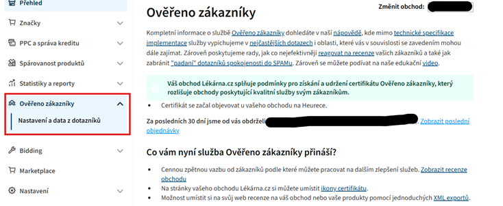 Sekce Ověřeno zákazníky v administraci Heureka.cz s informacemi o službě a počtu obdržených objednávek.