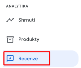 Navigační menu Analytika v Google Merchant Center se zvýrazněnou položkou Recenze.
