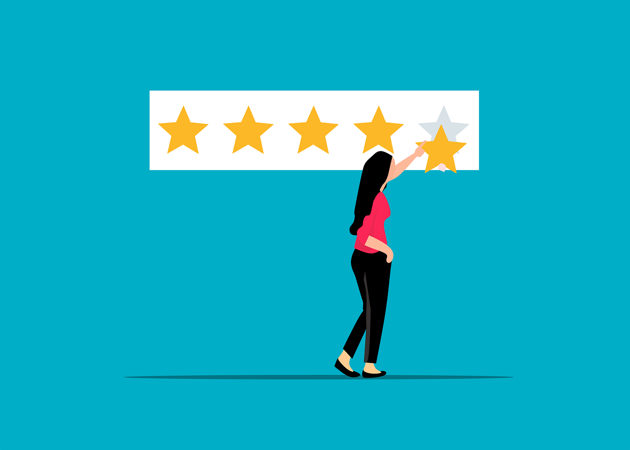 google recenze heureka napojení recenzí hodnocení produktů google Ilustrace ženy přidávající pátou žlutou hvězdičku k hodnocení, symbolizující recenze a hvězdičkové hodnocení produktů na Googlu.