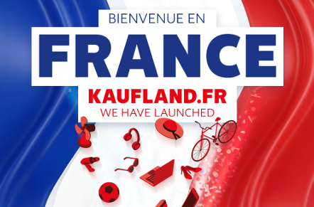 Uvítací banner Bienvenue en France ohlašující spuštění Kaufland.fr v barvách francouzské vlajky