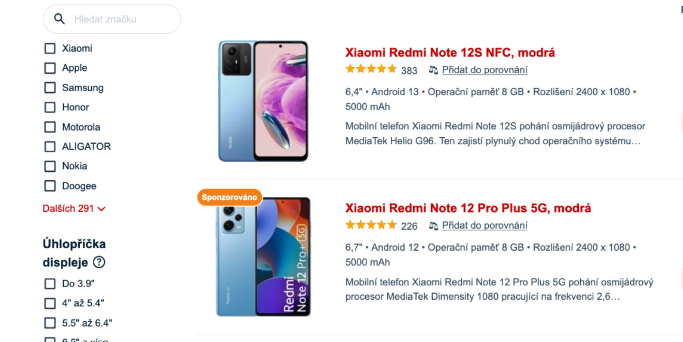 Výpis produktů na Zboží.cz s mobilními telefony Xiaomi Redmi Note, hodnocením hvězdičkami a označením Sponzorováno u zvýrazněné nabídky.