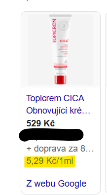 Ukázka měrné ceny v Nákupech Google (Google Merchant)